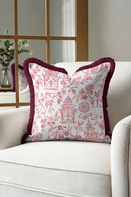 Elegant Floral Pagoda Fringed Pillowcase - Asian-Inspired Eclectic Burgundy Tassel Throw Pillow Cover