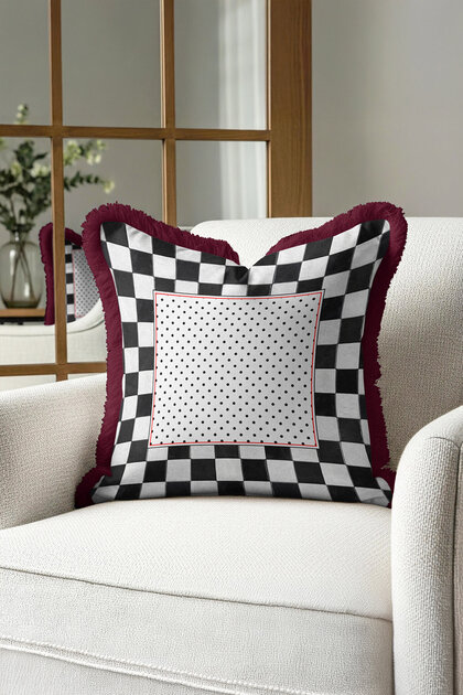 Luxury Chess Checkered Fringed Pillowcase - Retro Dotted Burgundy Edged Tassel Throw Pillow Cover
