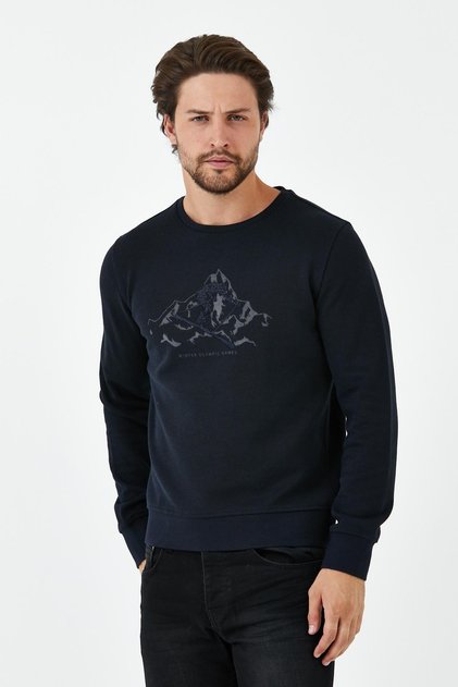 Men's Comfort Printed Crew Neck Basic Navy Blue Sweatshirt
