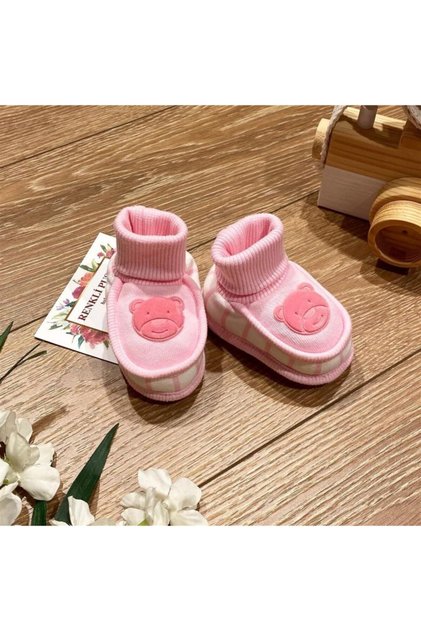 Penye Bebek Patik Süet Teddy Ayı Baskılı Pembe