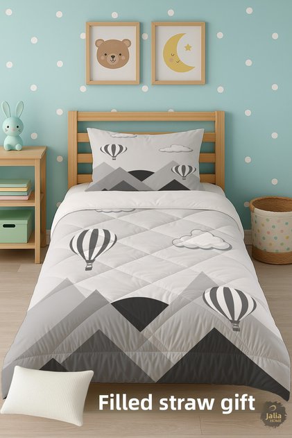 Gray Background Mountain Patterned Single Children's Quilt Sleeping Set Tlag-287