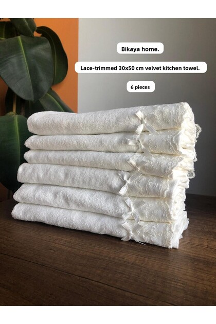 Dantelli 30X50 cm 6 Pieces Velvet Kitchen Towels | 100% Cotton | Dowry Box, Gift Box, Mevlütluk (a Type of Gift Box)