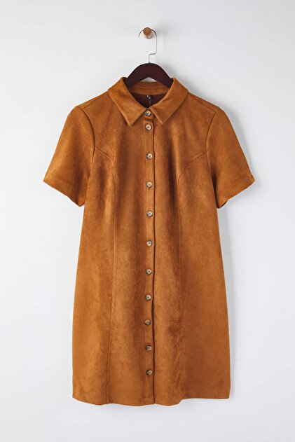Trendyol Curve Brown Shirt Collar Short Suede Woven Plus Size Dress  Tbbaw26Ah00069- Trendyol