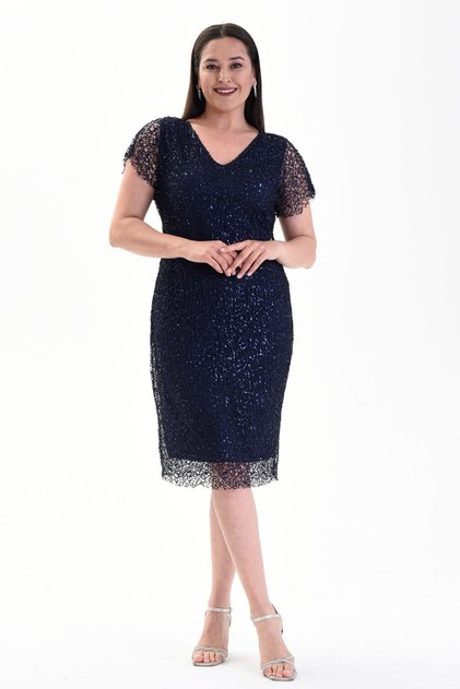 Rochie de ocazie, culoare bleumarin, din dantela accesorizata cu paiete