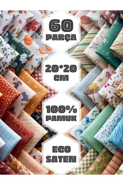 %100 Pamuk Saten Patchwork Kumaş Seti – 60 Adet 20x20 cm, Sonbahar ve Balkabağı Temalı