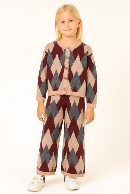 Girl's Knitwear Baklava Pattern Cardigan Trousers Set
