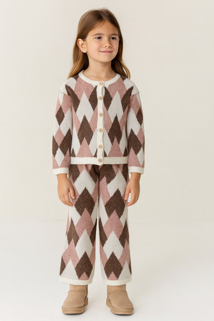 Girl's Knitwear Baklava Pattern Cardigan Trousers Set