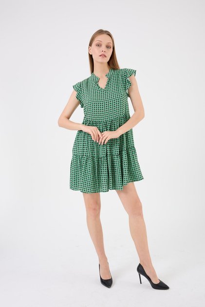 Apsen Women's Printed Viscon V-Neck Angel Sleeve Skirt Flounce Detailed Short Dress 4498-90