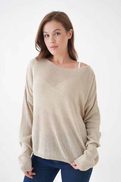 Wide Neckline Off-Shoulder Oversize Stone Basic Knitwear Sweater 6933