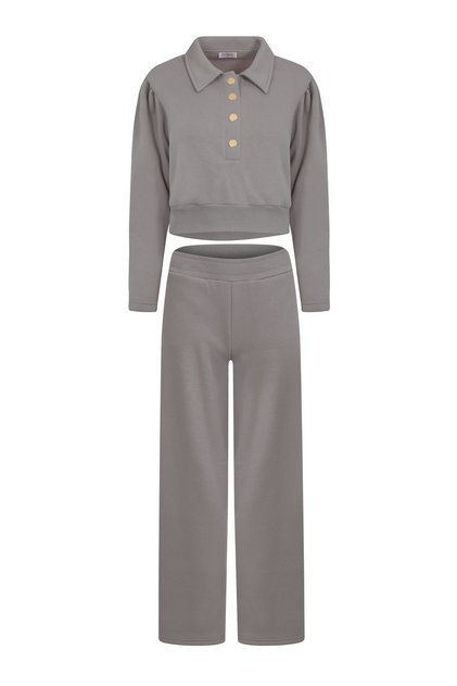 Bella Padded Gold Buttoned Dark Gray Tracksuit Set