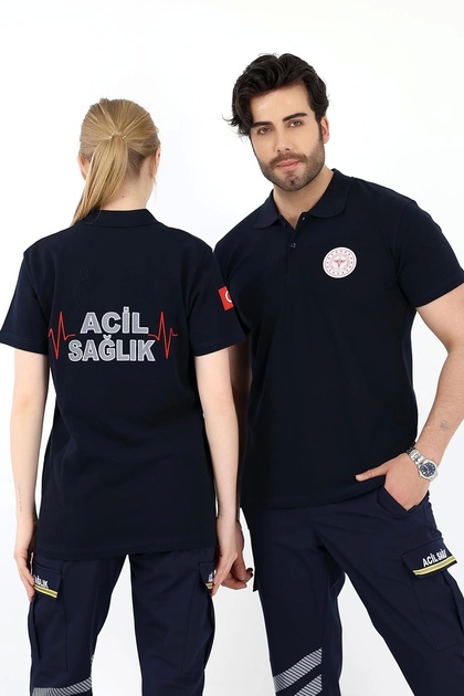 Acil Sağlık Yakalı Unisex Tshirt Kısa Kol Nakışlı - Lacivert