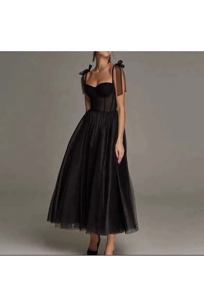 black corset tutu dress Black Corset Tulle Dress: Midnight Allure Mesh Fabric & Chain Strap main image 0