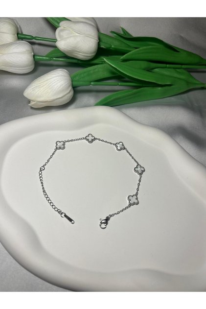 Non-Tarnish Mini Clover Silver Color White Stone Bracelet Model Unisex - Gift for Lover - Reversible