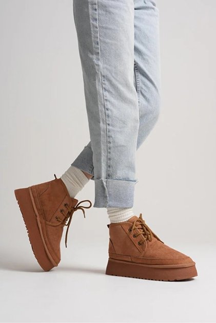 Women's Boots Tan Brown Suede – Wool Inside, Thick Sole, Lace-Up, Warm, Heribo