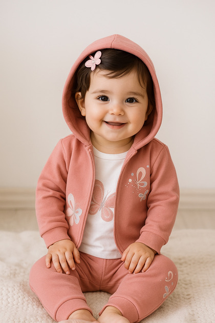 SILICONE BUTTERFLY PRINTED HOODED TWO-STRING SEASONAL BABY GIRL 3-PIECE SUIT