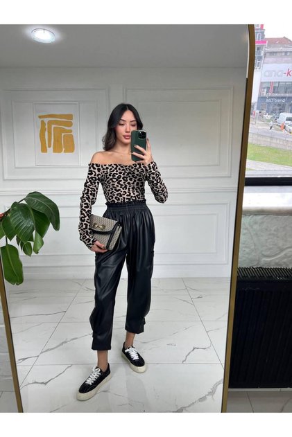 Women's Leather Pants with Elastic Waist