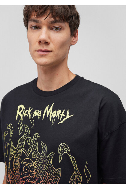 Mavi Rick and Morty Baskılı Siyah Tişört Oversize / Geniş Kesim