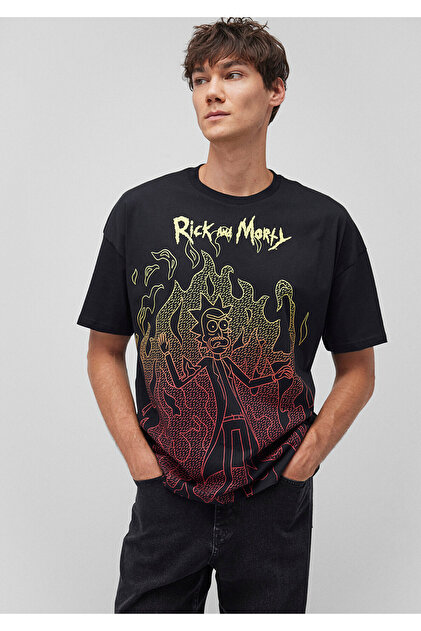 Mavi Rick and Morty Baskılı Siyah Tişört Oversize / Geniş Kesim