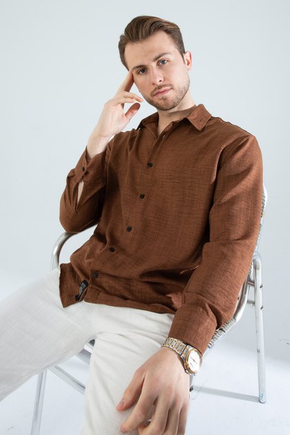 It's a New Product.Men's K Linen D Textured O Oversized K.Brown Men's Shirt