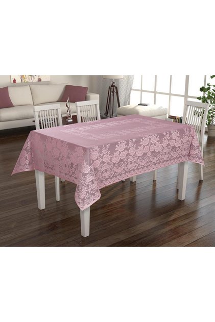 Knitted Tulle Fabric Rose Patterned Tablecloth 140X180 (Pudra)