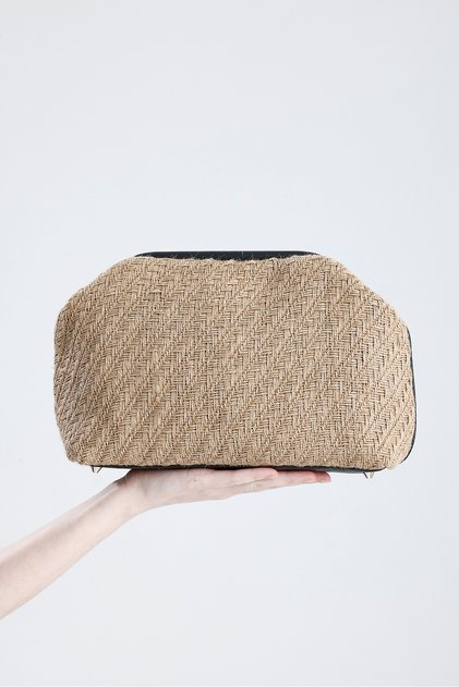 Heybes Women's Black Leather Detailed Herringbone Knitted Jute Clutch Handbag