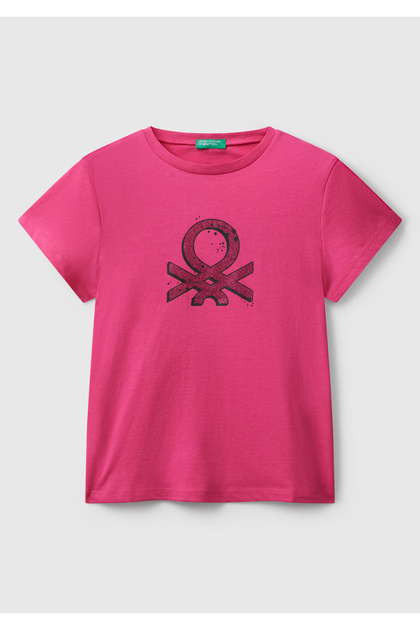 Girl's Pink Glitter Logo Printed Ribbed Collar Regular Fit T-Shirt