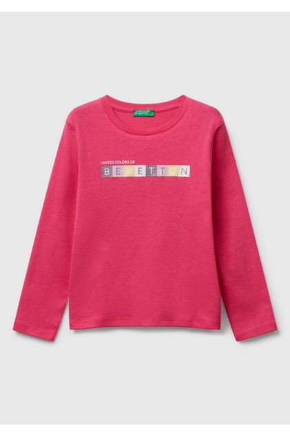 Girl's Pink Slim Fit Long Sleeve T-Shirt with Glitter Logo Printed on the Front