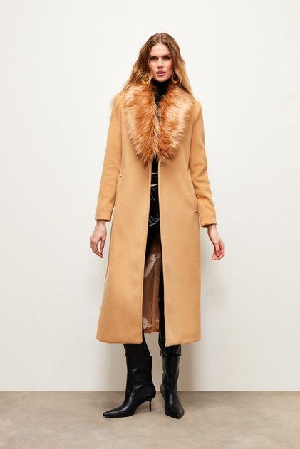 Collared Fur Long Coat - Camel