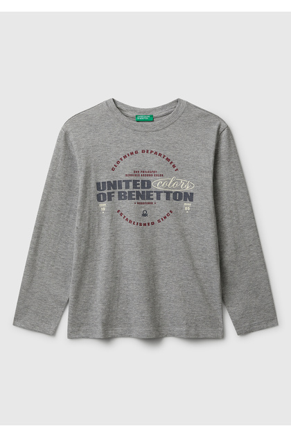 Boy's Gray Melange Crew Neck Jersey Long Sleeve T-Shirt with Logo Print on the Front