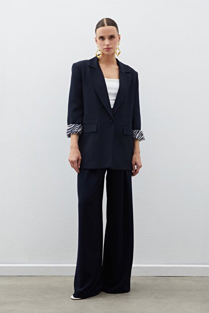Zebra Lined Long Jacket - Navy Blue