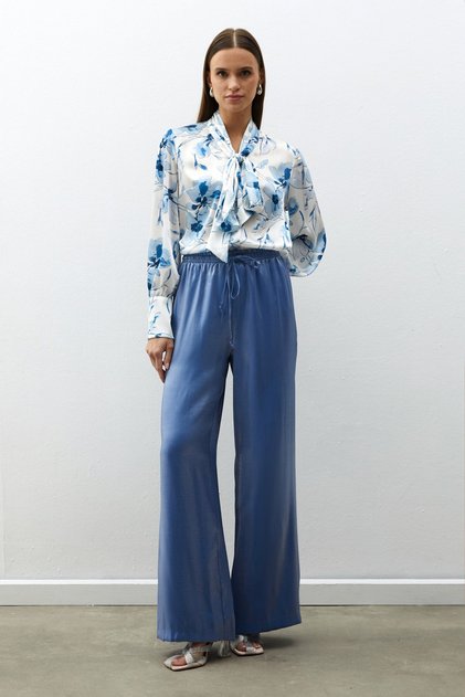 Shiny Trousers with Elastic Waist - Blue