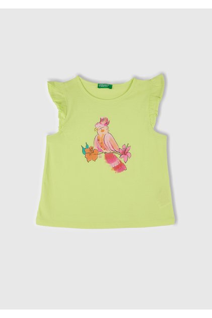 Girl's Yellow Front Printed Pleated Sleeve T-Shirt