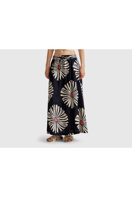 Rochie lungă pentru femei, albastru bleumarin, 100% in, cu imprimeu și talie elastică