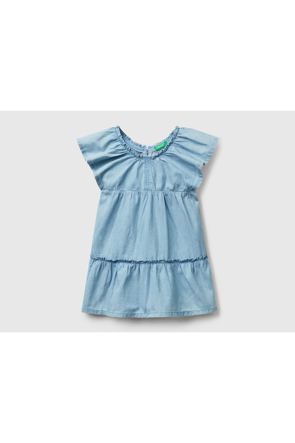 Girl's Denim Lightweight Loose Fitting Chenille Dress with Elastic Collar Sleeves and Ruffled Skirt