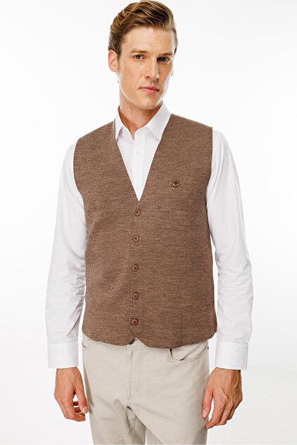Men's V-Neck Plain Wool Vest Dark Brown