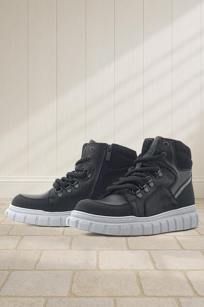 Genuine Leather Black Gray Zippered Boys' Boots