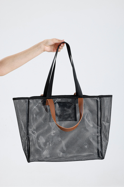 Women's Black Mesh Transparent Large Size Beach And Shopping Shopper Tote Shoulder Bag