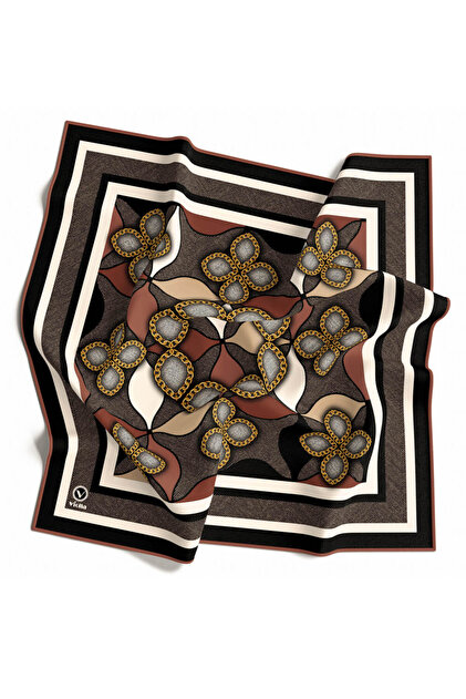 Twill Zincir Desenli Bakır Renkli 90x90 Eşarp (İpek İçermez) Kenar Dikiş Şekli El Dikişli