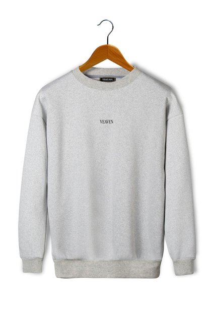Unisex Gray Veaven Printed Oversize Thick Two Thread Raised Crew Neck Sweatshirt