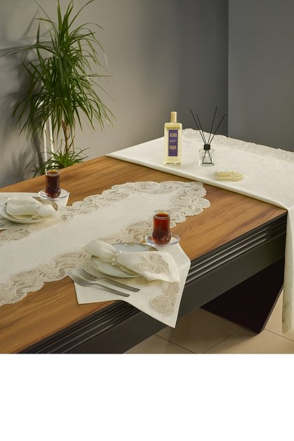 Glitter Butterfly 12-Person 26-Piece French Lace Dowry Dining Table Cover Set Runner Set