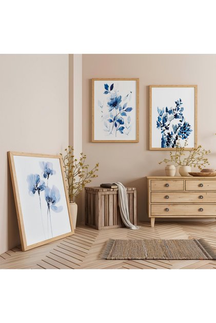 Blue Flowers with Wooden Frame Triple Wooden Painting Set