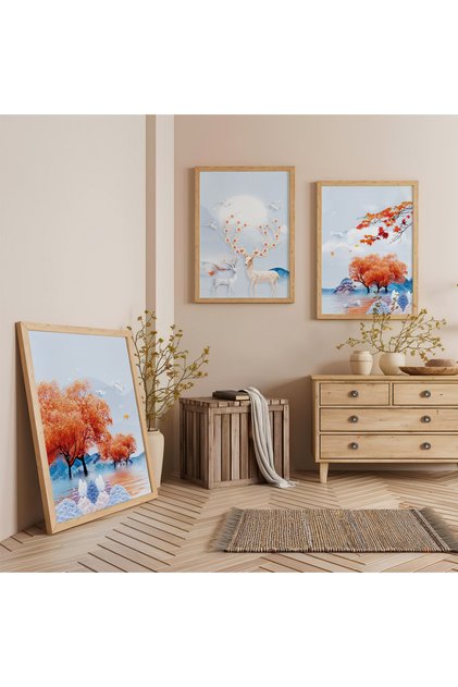 Wooden Framed Deer in the Fog Forest Triple Wooden Painting Set