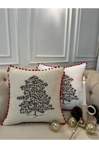Pine Embroidered Small Pompom Beige Throw Pillow Cover