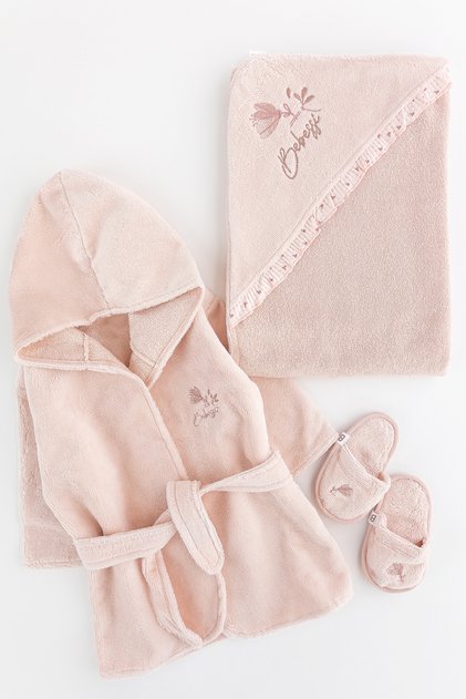 Floral Embroidered Frilly 3 Piece Cotton Baby Girl Towel Bathrobe Set