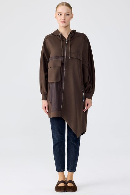Hooded asymmetric cap with front zipper coffee