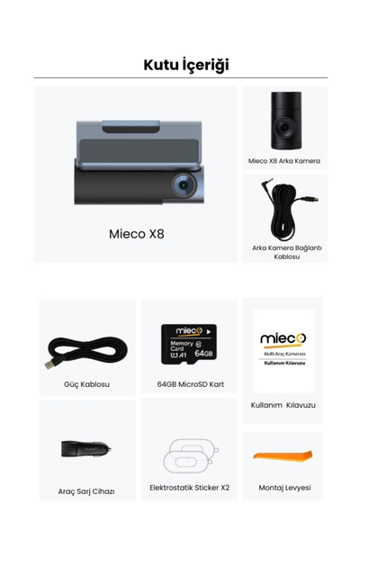 みっこ Mieco X8 Wifi /4K UHD/ 170° Ultra Geniş Açı/ ADAS/ Ön + Arka Araç