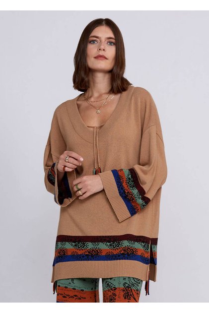 Kaşmir Yün Karışımlı V Yaka Camel Triko Tunik