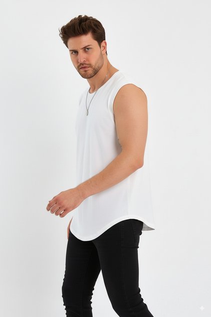 Men's Dirty Collar Bottom Oval Cut Basic Zero Sleeve T-Shirt
