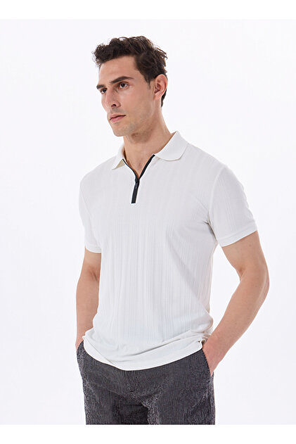 Fabrika Beyaz Erkek Slim Fit Jakarlı Polo T-Shirt F6SM-TST 2057