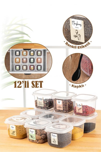12 Pieces 0.55 Liter Peggy Square Spice Storage Container with Colorful Label and Spoon White